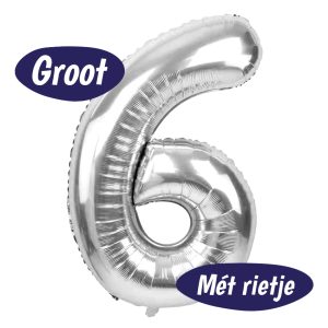 Folieballon Cijfer 6 – Zilver – 70cm – Incl. Opblaasrietje