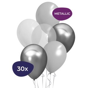 Mix Glossy Zilver, Metallic Wit & Transparant Ballonnen – 30 st